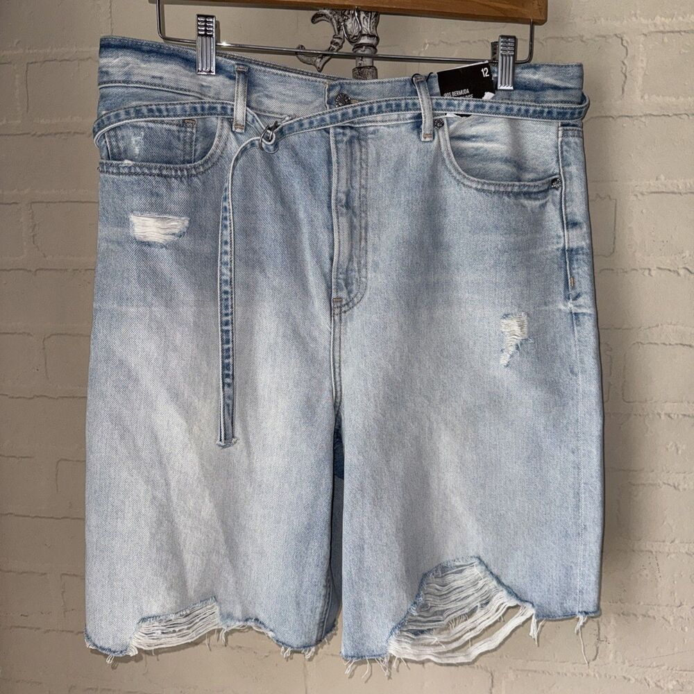 Express jean shorts womens 12 super high rise '90s bermuda blue belted NEW